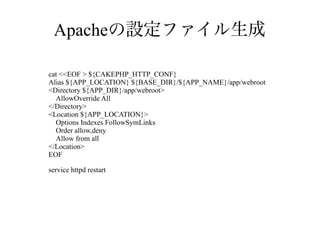 Apacheの設定ファイル生成
cat <<EOF > ${CAKEPHP_HTTP_CONF}
Alias ${APP_LOCATION} ${BASE_DIR}/${APP_NAME}/app/webroot
<Directory ${APP_DIR}/app/webroot>
AllowOverride All
</Directory>
<Location ${APP_LOCATION}>
Options Indexes FollowSymLinks
Order allow,deny
Allow from all
</Location>
EOF
service httpd restart

 