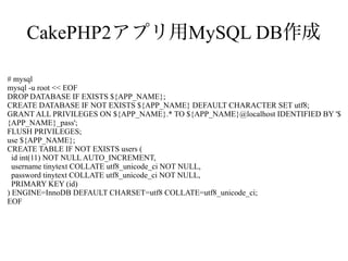 CakePHP2アプリ用MySQL DB作成
# mysql
mysql -u root << EOF
DROP DATABASE IF EXISTS ${APP_NAME};
CREATE DATABASE IF NOT EXISTS ${APP_NAME} DEFAULT CHARACTER SET utf8;
GRANT ALL PRIVILEGES ON ${APP_NAME}.* TO ${APP_NAME}@localhost IDENTIFIED BY '$
{APP_NAME}_pass';
FLUSH PRIVILEGES;
use ${APP_NAME};
CREATE TABLE IF NOT EXISTS users (
id int(11) NOT NULL AUTO_INCREMENT,
username tinytext COLLATE utf8_unicode_ci NOT NULL,
password tinytext COLLATE utf8_unicode_ci NOT NULL,
PRIMARY KEY (id)
) ENGINE=InnoDB DEFAULT CHARSET=utf8 COLLATE=utf8_unicode_ci;
EOF

 