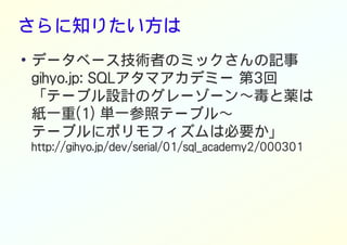 さらに知りたい方は
●
データベース技術者のミックさんの記事
gihyo.jp: SQLアタマアカデミー 第3回
「テーブル設計のグレーゾーン～毒と薬は
紙一重(1) 単一参照テーブル～
テーブルにポリモフィズムは必要か」
http://gihyo.jp/dev/serial/01/sql_academy2/000301
 