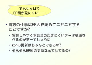 でもやっぱり
ER図が見にくい……
●
貴方の仕事はER図を眺めてニヤニヤする
ことですか?
● 実装しやすく不具合の起きにくいデータ構造を
作るのが第一でしょうに
● kbnの更新はちゃんとできるの?
● そもそもER図の更新なんてしてるの?
 