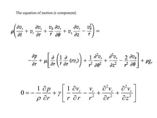The equation of motion (r component)
2 2
2 2 2
1 1
0 r r r r
v v v v
p
r r r r r z


 
  

= − + − + +
 
   
 
 