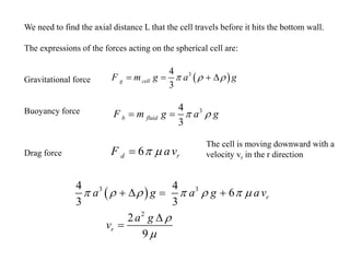 We need to find the axial distance L that the cell travels before it hits the bottom wall.
The expressions of the forces acting on the spherical cell are:
Gravitational force
Buoyancy force
Drag force
( )
3
4
3
g cell
F m g a g
  
= = + 
3
4
3
b fluid
F m g a g
 
= =
6
d r
F av
 
=
The cell is moving downward with a
velocity vr in the r direction
( )
3 3
2
4 4
6
3 3
2
9
r
r
a g a g av
a g
v
      


+  = +

=
 