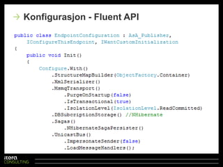 NServiceBus.dllAlle interface ligger her, ingen implementasjonNServiceBus.Core.dllImplementasjon avrammeverketGenerert med ILMergeInneholder mange eksterneavhengigheter:NHibernate ogFluentNHibernate SpringUnntak: Log4Net, andreIoC-rammeverkenn SpringForenkler deploymentNServiceBus assemblies