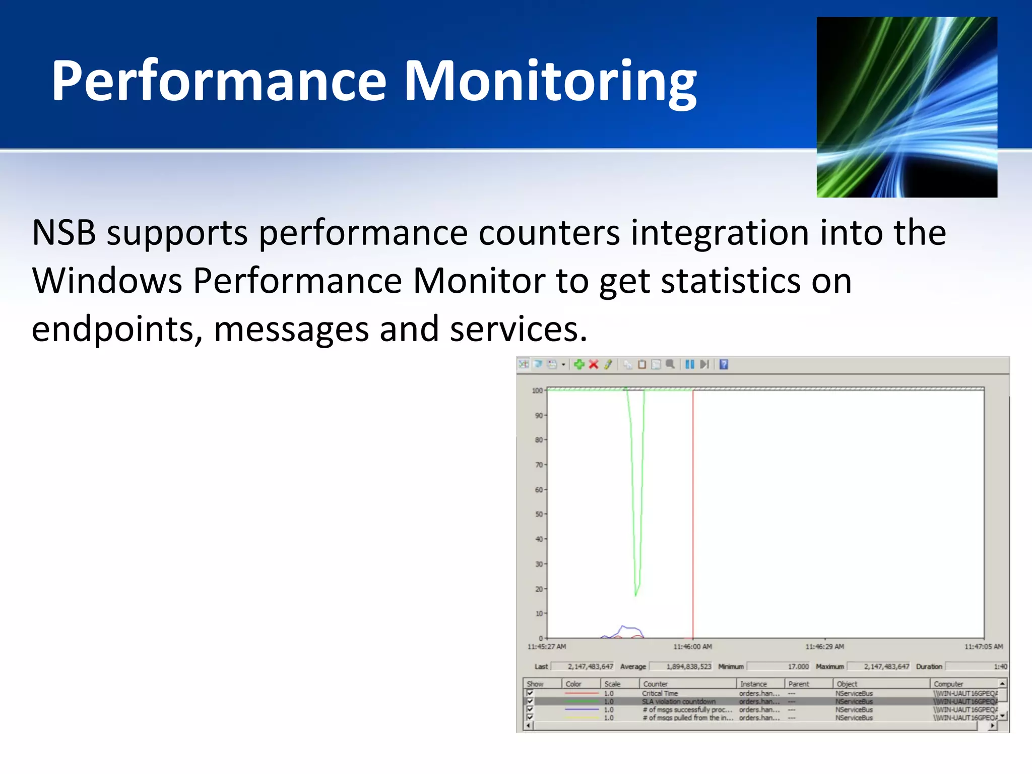 Performance Monitoring 
NSB supports performance counters integration into the 
Windows Performance Monitor to get statistics on 
endpoints, messages and services. 
 