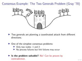 10/42
Consensus Example: The Two Generals Problem (Gray ’78)
▶ Two generals are planning a coordinated attack from different
directions.
▶ One of the simplest consensus problems:
▶ Only two nodes: 1 and 2
▶ No process failures but link failures may occur
▶ Is the problem solvable? No! Can be proven by
contradiction.
 