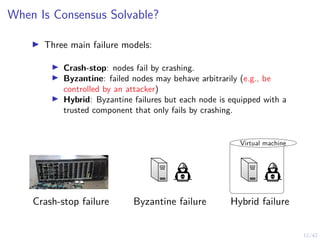 12/42
When Is Consensus Solvable?
▶ Three main failure models:
▶ Crash-stop: nodes fail by crashing.
▶ Byzantine: failed nodes may behave arbitrarily (e.g., be
controlled by an attacker)
▶ Hybrid: Byzantine failures but each node is equipped with a
trusted component that only fails by crashing.
Byzantine failure
Crash-stop failure
Virtual machine
Hybrid failure
 