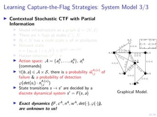 20/30
Learning Capture-the-Flag Strategies: System Model 3/3
I Contextual Stochastic CTF with Partial
Information
I Model infrastructure as a graph G = hN, Ei
I There are k flags at nodes C ⊆ N
I Ni ∈ N has a node state si of m attributes
I Network state
s = {sA, si | i ∈ N} ∈ R|N|×m+|N|
I Hacker observes oA
⊂ s
I Action space: A = {aA
1 , . . . , aA
k }, aA
i
(commands)
I ∀(b, a) ∈ A × S, there is a probability ~
w
A,(x)
i,j of
failure  a probability of detection
ϕ(det(si ) · n
A,(x)
i,j )
I State transitions s → s0
are decided by a
discrete dynamical system s0
= F(s, a)
I Exact dynamics (F, cA
, nA
, wA
, det(·), ϕ(·)),
are unknown to us!
N0, ~
S0
N1, ~
S1
N2, ~
S2
N3, ~
S3
N4, ~
S4
N5, ~
S5 N6, ~
S6
N7, ~
S7
~
cA
2,3, ~
nA
2,3, ~
wA
2,3
~
cA
3,2, ~
nA
3,2, ~
wA
3,2
~
cA
2,1, ~
nA
2,1, ~
wA
2,1
~
cA
1,2, ~
nA
1,2, ~
wA
1,2
~
c
A
0,1
,
~
n
A
0,1
,
~
w
A
0,1
~
cA
0,2, ~
nA
0,2, ~
wA
0,2
~
cA
3,6, ~
nA
3,6, ~
wA
3,6
~
cA
6,7, ~
nA
6,7, ~
wA
6,7
~
cA
7,4, ~
nA
7,4, ~
wA
7,4
~
c
A
4
,6
,
~
n
A
4
,6
,
~
w
A
4
,6
~
c
A
4
,5
,
~
n
A
4
,5
,
~
w
A
4
,5
~
c
A
5
,4
,
~
n
A
5
,4
,
~
w
A
5
,4
~
cA
1,5, ~
nA
1,5, ~
wA
1,5
~
c
A
5,2
,
~
n
A
5,2
,
~
w
A
5,2
~
c
A
2,
4
,
~
n
A
2,
4
,
~
w
A
2,
4
~
c A
1,4 , ~
n A
1,4 , ~
w A
1,4
Si ∈ Rm, ~
cA
i,j ∈ Rk
+
~
nA
i,j ∈ Rk
+, ~
wA
i,j ∈ [0, 1]k
~
cD ∈ Rl
+, ~
wD ∈ [0, 1]l
Graphical Model.
 