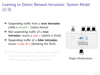 25/30
Learning to Detect Network Intrusions: System Model
(2/3)
I Suspending traffic from a true intrusion
yields a reward r (salary bonus)
I Not suspending traffic of a true
intrusion, incurs a cost c (admin is fired)
I Suspending traffic of a false intrusion,
incurs a cost of o (breaking the SLA)
I The objective is to to decide an optimal
response for suspending network traffic.
What strategy achieves this end?
Attacker Client 1 Client 2 Client 3
Defender
R1
Target infrastructure.
 