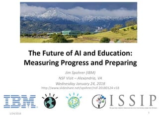 Jim Spohrer (IBM)
NSF Visit – Alexandria, VA
Wednesday January 24, 2018
http://www.slideshare.net/spohrer/nsf-20180124-v18
1/24/2018 1
The Future of AI and Education:
Measuring Progress and Preparing
 