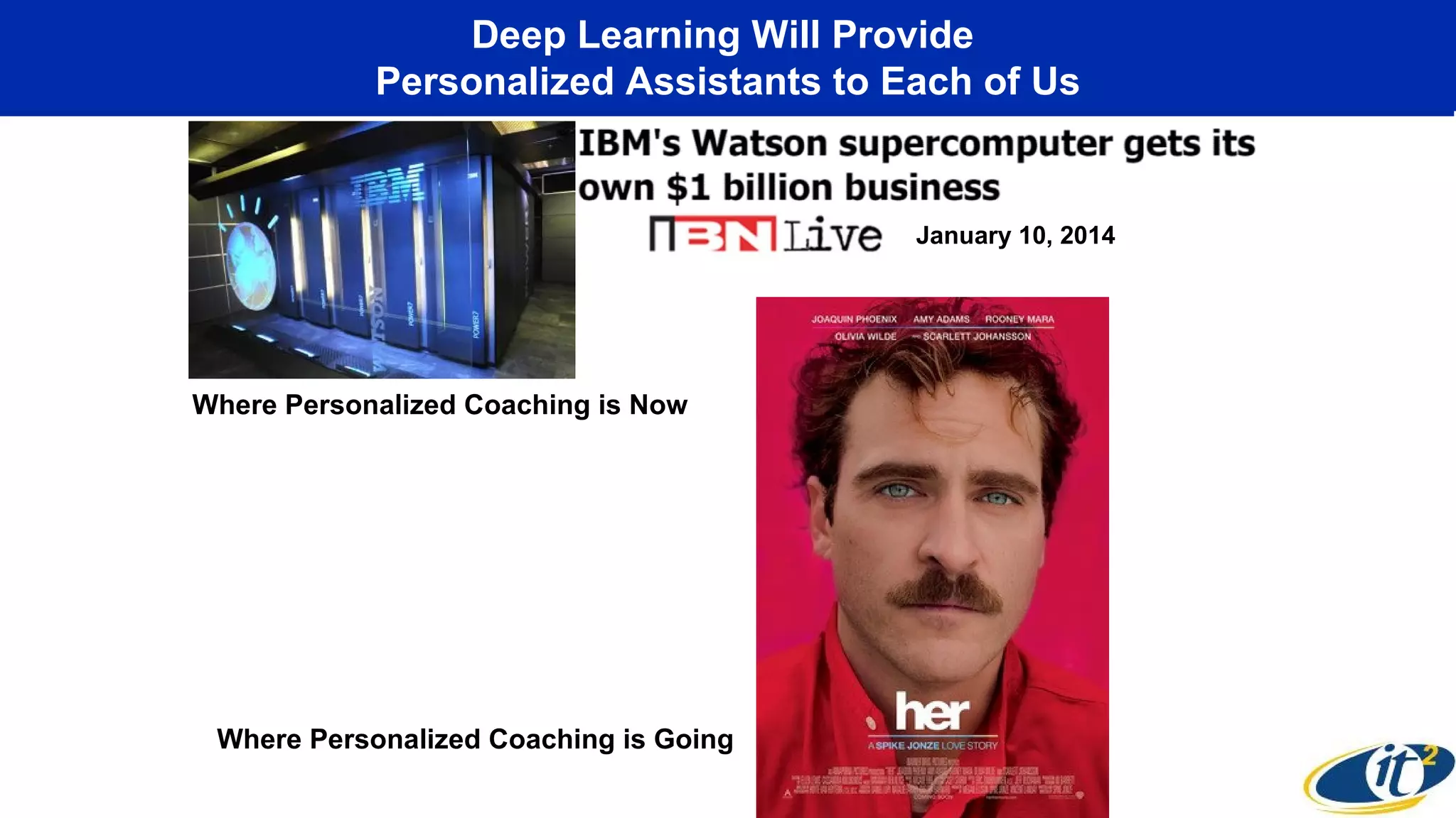 Deep Learning Will Provide
Personalized Assistants to Each of Us
Where Personalized Coaching is Now
Where Personalized Coaching is Going
January 10, 2014
 