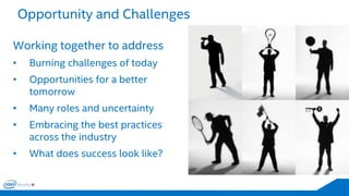 Opportunity and Challenges 
Working together to address 
•Burning challenges of today 
•Opportunities for a better tomorrow 
•Many roles and uncertainty 
•Embracing the best practices across the industry 
•What does success look like?  