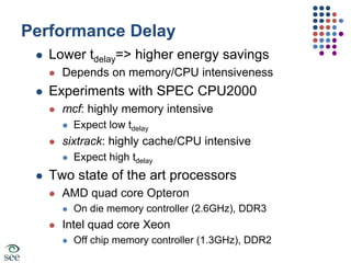 Effectiveness of DVFSFor energy savingsER > EEFactors in modern systems affecting this equation:Performance delay (tdelay)Idle CPU power consumption (PE)Power consumption of other devices (PE)