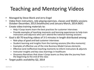 Teaching and Mentoring Videos
• Managed by Steve Blank and Jerry Engel
• Video from instructors, role-playing exercises, classes and WebEx sessions
October-December, 2013 (healthcare) and January-March, 2014 (NSF)
• Create video training materials to:
– Help I-Corps teams learn the best practices for customer interviews
– Provide examples of teaching moments and learning experiences to help train
instructors and adjuncts who can’t attend the national training sessions

• Goal is 60-70 teaching videos of 3-5 minutes in length distributed among:
–
–
–
–
–
–

Role-plays of good and bad customer interviews
Student learning and insights from the training sessions [the Aha moments]
Examples of effective use of the nine Business Model Canvas elements
Effective (and ineffective) teaching moments to inform instructors & adjuncts
Instructor insights and key class learnings in healthcare
Discovery Narratives that show I-Corps teams as they take the journey from
the beginning to the end of the class

• Target public availability Q2, 2014
10/25/13

Bay Area NSF I-Corps

8

 