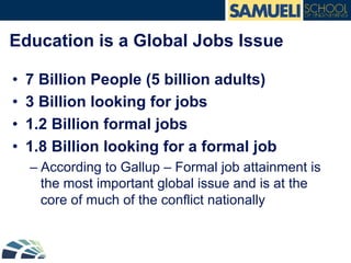 Education is a Global Jobs Issue
•  7 Billion People (5 billion adults)
•  3 Billion looking for jobs
•  1.2 Billion formal jobs
•  1.8 Billion looking for a formal job
– According to Gallup – Formal job attainment is
the most important global issue and is at the
core of much of the conflict nationally
 