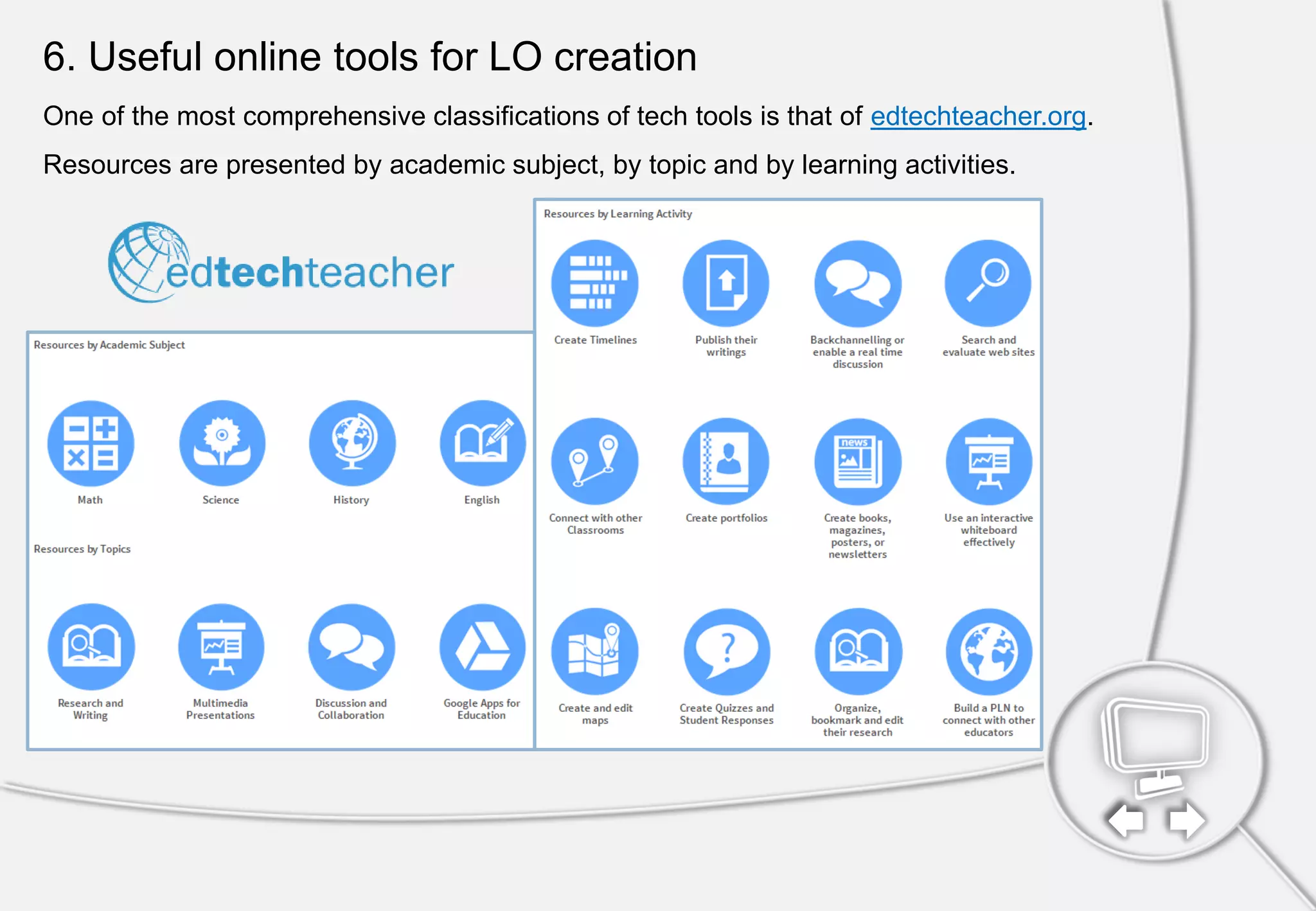 6. Useful online tools for LO creation
One of the most comprehensive classifications of tech tools is that of edtechteacher.org.
Resources are presented by academic subject, by topic and by learning activities.
 