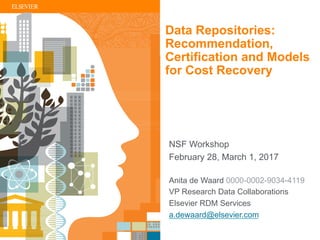 | 1
Anita de Waard 0000-0002-9034-4119
VP Research Data Collaborations
Elsevier RDM Services
a.dewaard@elsevier.com
NSF Workshop
February 28, March 1, 2017
Data Repositories:
Recommendation,
Certification and Models
for Cost Recovery
 
