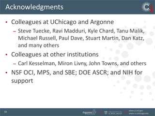 Statistics and user feedbackLaunched November 2010>1400 users registered>350 TB user data moved>28 million user files moved>140 endpoints registeredWidely used on TeraGrid/XSEDE; other centers & facilities; internationally>20x faster than SCPFaster than hand-tuned “Last time I needed to fetch 100,000 files from NERSC, a graduate student babysat the process for a month.”“I expected to spend four weeks writing code to manage my data transfers; with Globus Online, I was up and running in five minutes.”“Globus Online’s speed has us planning experiments that we would never have considered previously.”