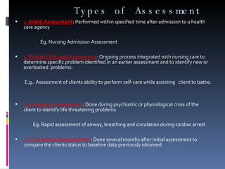 Types of Assessment 1.   Initial Assessment : Performed within specified time after admission to a health care agency   Eg. Nursing Admission Assessment   2. Problem Focused Assessment : Ongoing process integrated with nursing care to determine specific problem identified in an earlier assessment and to identify new or overlooked  problems.   E.g.. Assessment of clients ability to perform self-care while assisting  client to bathe.     3. Emergency Assessment : Done during psychiatric or physiological crisis of the client to identify life threatening problems   Eg. Rapid assessment of airway, breathing and circulation during cardiac arrest   4. Time lapsed-Reassessment : Done several months after initial assessment to compare the clients status to baseline data previously obtained. 