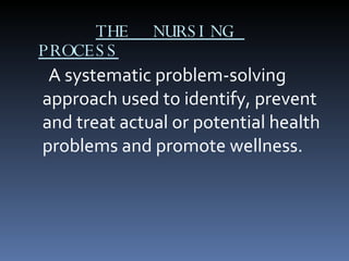 THE  NURSING  PROCESS A systematic problem-solving approach used to identify, prevent and treat actual or potential health problems and promote wellness. 