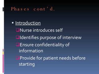 Phases cont’d. Introduction Nurse introduces self Identifies purpose of interview Ensure confidentiality of information Provide for patient needs before starting 