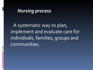 Nursing process A systematic way to plan, implement and evaluate care for individuals, families, groups and communities. 