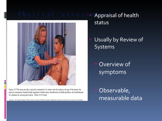 Physical assessment Appraisal of health status Usually by Review of  Systems Overview of symptoms Observable, measurable data 