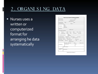 2.ORGANISING DATA Nurses uses a written or computerized format for arranging he data systematically 
