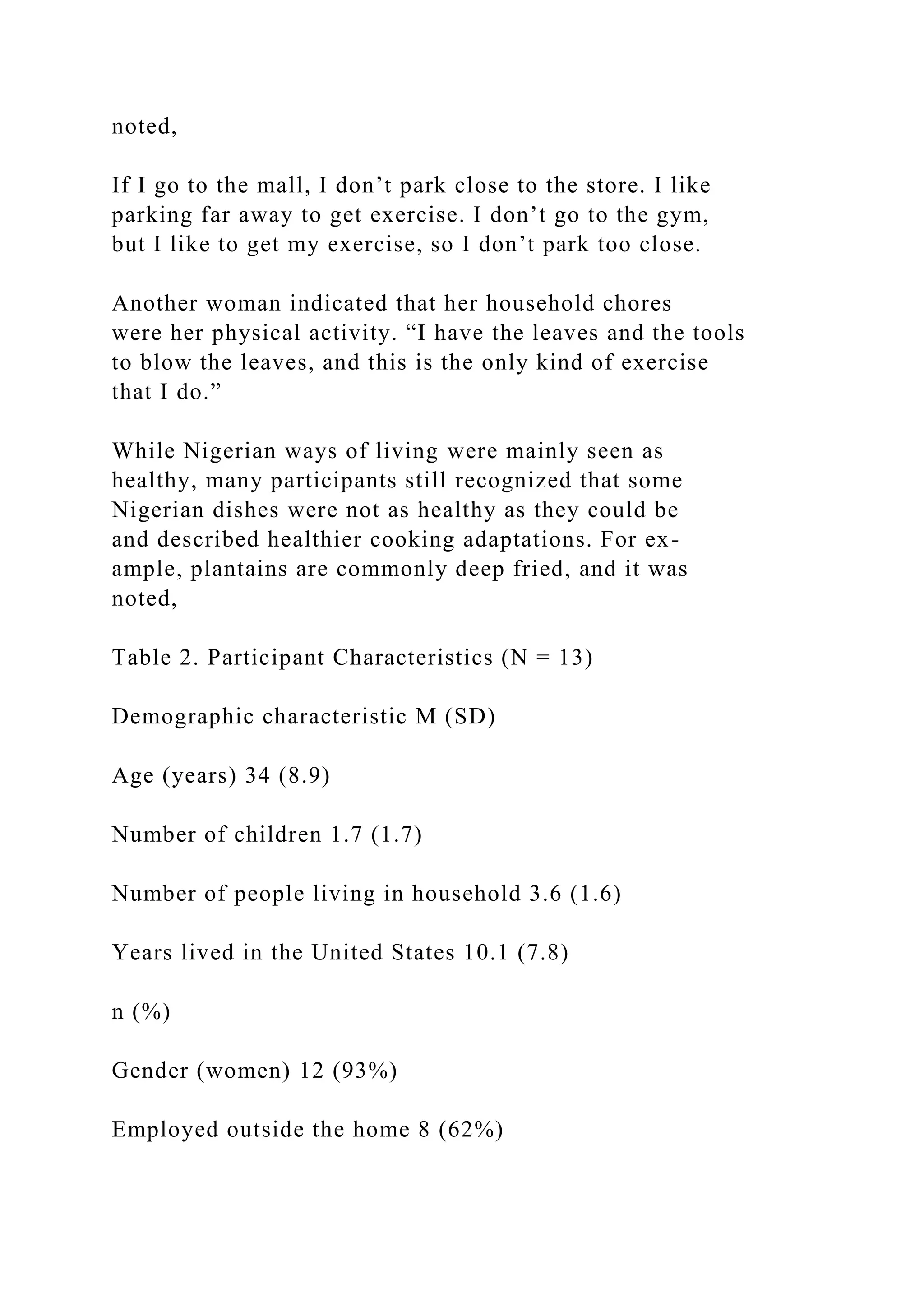 noted,
If I go to the mall, I don’t park close to the store. I like
parking far away to get exercise. I don’t go to the gym,
but I like to get my exercise, so I don’t park too close.
Another woman indicated that her household chores
were her physical activity. “I have the leaves and the tools
to blow the leaves, and this is the only kind of exercise
that I do.”
While Nigerian ways of living were mainly seen as
healthy, many participants still recognized that some
Nigerian dishes were not as healthy as they could be
and described healthier cooking adaptations. For ex-
ample, plantains are commonly deep fried, and it was
noted,
Table 2. Participant Characteristics (N = 13)
Demographic characteristic M (SD)
Age (years) 34 (8.9)
Number of children 1.7 (1.7)
Number of people living in household 3.6 (1.6)
Years lived in the United States 10.1 (7.8)
n (%)
Gender (women) 12 (93%)
Employed outside the home 8 (62%)
 