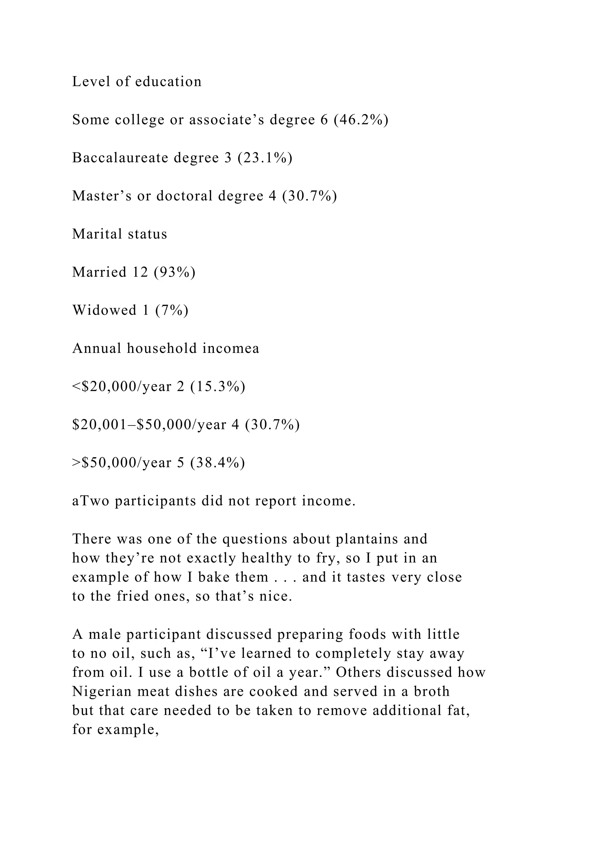 Level of education
Some college or associate’s degree 6 (46.2%)
Baccalaureate degree 3 (23.1%)
Master’s or doctoral degree 4 (30.7%)
Marital status
Married 12 (93%)
Widowed 1 (7%)
Annual household incomea
<$20,000/year 2 (15.3%)
$20,001–$50,000/year 4 (30.7%)
>$50,000/year 5 (38.4%)
aTwo participants did not report income.
There was one of the questions about plantains and
how they’re not exactly healthy to fry, so I put in an
example of how I bake them . . . and it tastes very close
to the fried ones, so that’s nice.
A male participant discussed preparing foods with little
to no oil, such as, “I’ve learned to completely stay away
from oil. I use a bottle of oil a year.” Others discussed how
Nigerian meat dishes are cooked and served in a broth
but that care needed to be taken to remove additional fat,
for example,
 