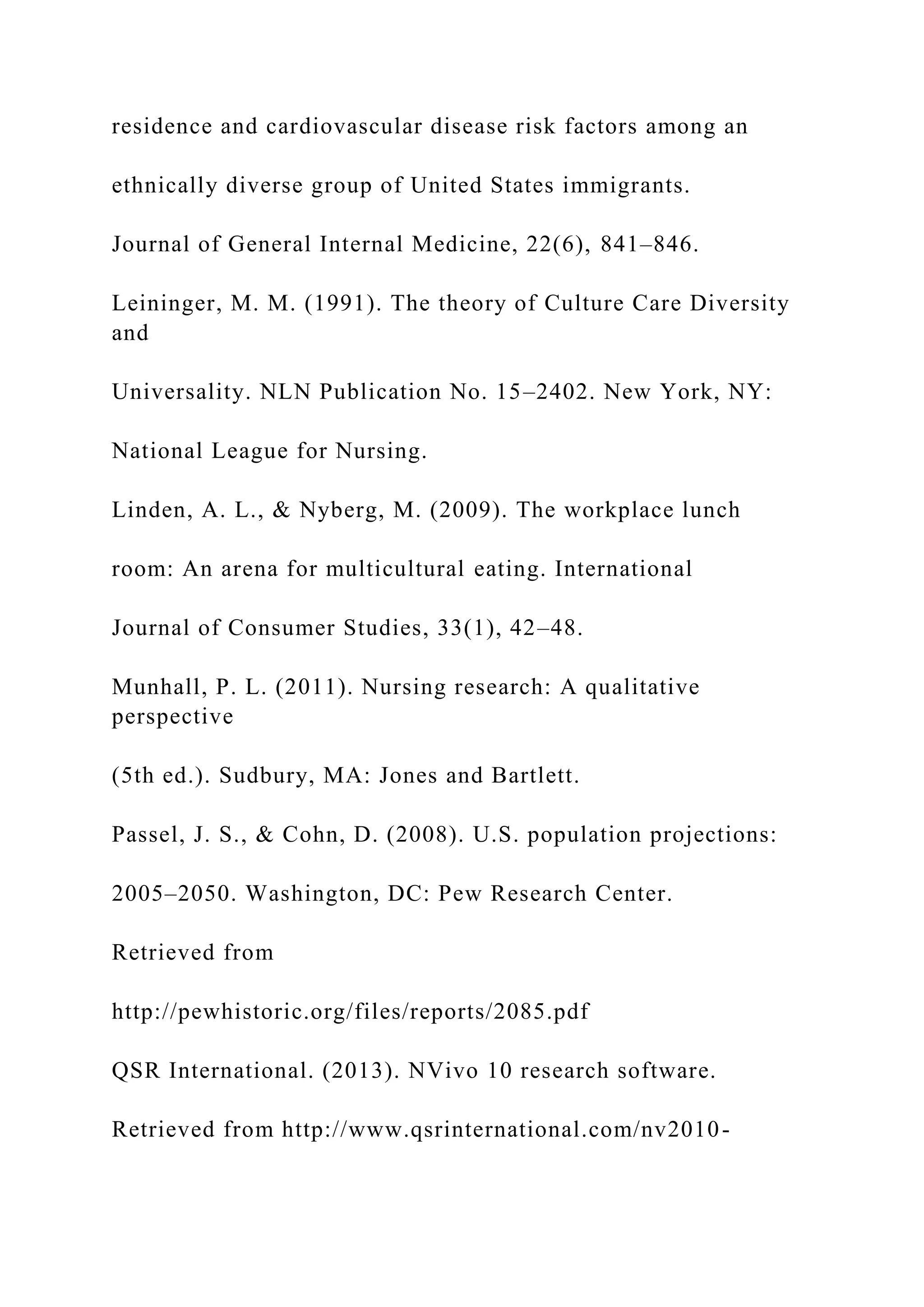 residence and cardiovascular disease risk factors among an
ethnically diverse group of United States immigrants.
Journal of General Internal Medicine, 22(6), 841–846.
Leininger, M. M. (1991). The theory of Culture Care Diversity
and
Universality. NLN Publication No. 15–2402. New York, NY:
National League for Nursing.
Linden, A. L., & Nyberg, M. (2009). The workplace lunch
room: An arena for multicultural eating. International
Journal of Consumer Studies, 33(1), 42–48.
Munhall, P. L. (2011). Nursing research: A qualitative
perspective
(5th ed.). Sudbury, MA: Jones and Bartlett.
Passel, J. S., & Cohn, D. (2008). U.S. population projections:
2005–2050. Washington, DC: Pew Research Center.
Retrieved from
http://pewhistoric.org/files/reports/2085.pdf
QSR International. (2013). NVivo 10 research software.
Retrieved from http://www.qsrinternational.com/nv2010-
 