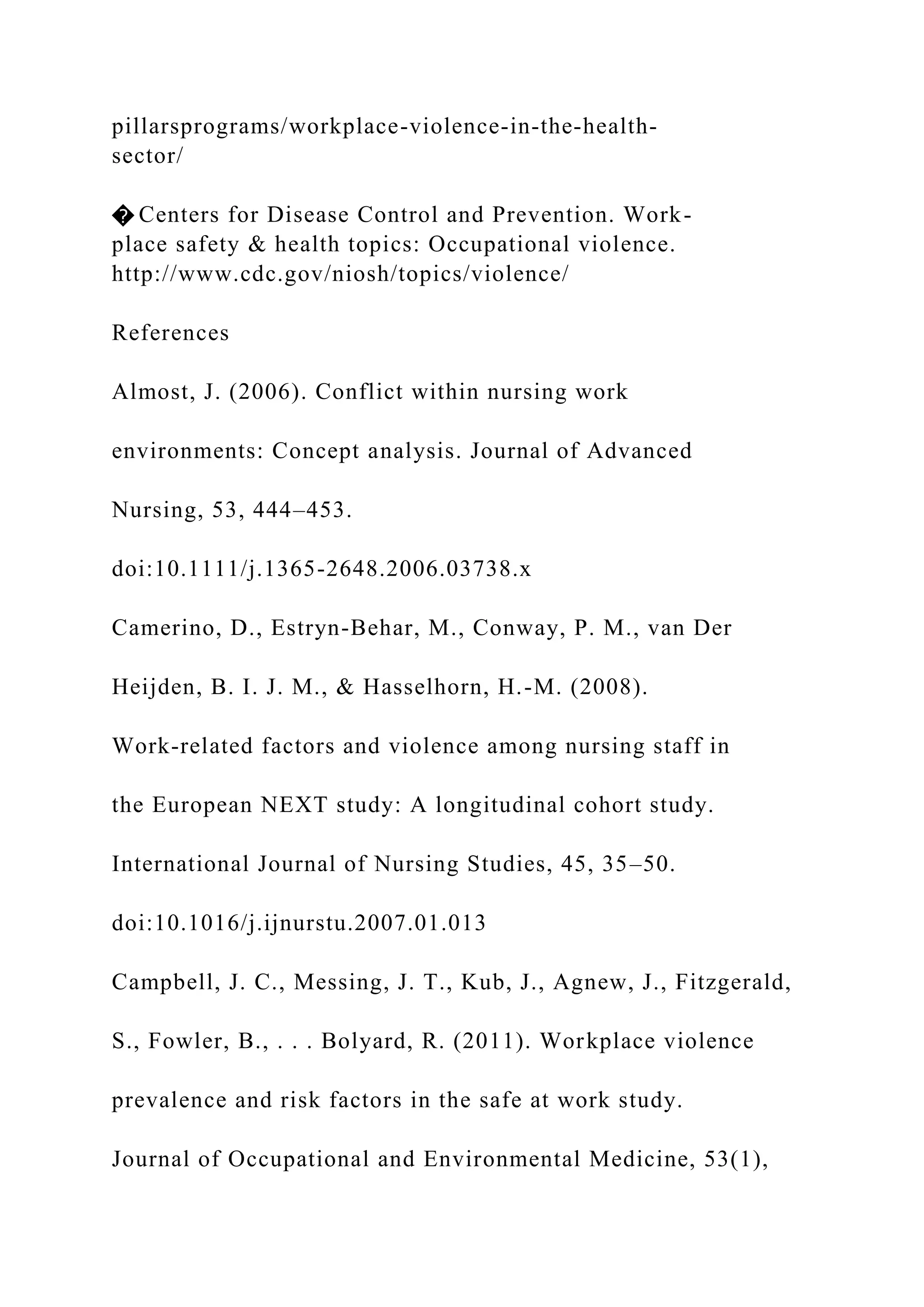 pillarsprograms/workplace-violence-in-the-health-
sector/
� Centers for Disease Control and Prevention. Work-
place safety & health topics: Occupational violence.
http://www.cdc.gov/niosh/topics/violence/
References
Almost, J. (2006). Conflict within nursing work
environments: Concept analysis. Journal of Advanced
Nursing, 53, 444–453.
doi:10.1111/j.1365-2648.2006.03738.x
Camerino, D., Estryn-Behar, M., Conway, P. M., van Der
Heijden, B. I. J. M., & Hasselhorn, H.-M. (2008).
Work-related factors and violence among nursing staff in
the European NEXT study: A longitudinal cohort study.
International Journal of Nursing Studies, 45, 35–50.
doi:10.1016/j.ijnurstu.2007.01.013
Campbell, J. C., Messing, J. T., Kub, J., Agnew, J., Fitzgerald,
S., Fowler, B., . . . Bolyard, R. (2011). Workplace violence
prevalence and risk factors in the safe at work study.
Journal of Occupational and Environmental Medicine, 53(1),
 