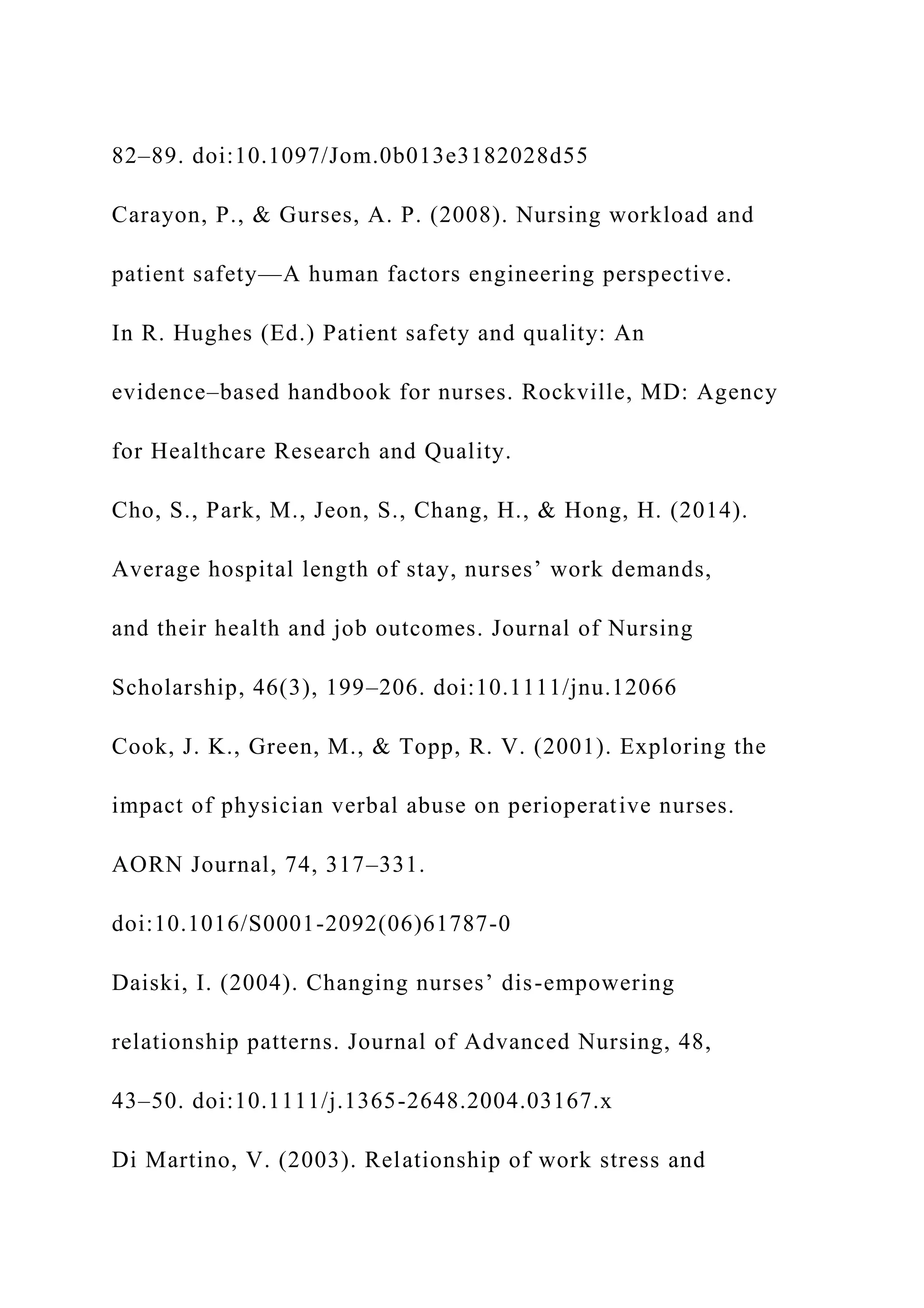 82–89. doi:10.1097/Jom.0b013e3182028d55
Carayon, P., & Gurses, A. P. (2008). Nursing workload and
patient safety—A human factors engineering perspective.
In R. Hughes (Ed.) Patient safety and quality: An
evidence–based handbook for nurses. Rockville, MD: Agency
for Healthcare Research and Quality.
Cho, S., Park, M., Jeon, S., Chang, H., & Hong, H. (2014).
Average hospital length of stay, nurses’ work demands,
and their health and job outcomes. Journal of Nursing
Scholarship, 46(3), 199–206. doi:10.1111/jnu.12066
Cook, J. K., Green, M., & Topp, R. V. (2001). Exploring the
impact of physician verbal abuse on perioperative nurses.
AORN Journal, 74, 317–331.
doi:10.1016/S0001-2092(06)61787-0
Daiski, I. (2004). Changing nurses’ dis-empowering
relationship patterns. Journal of Advanced Nursing, 48,
43–50. doi:10.1111/j.1365-2648.2004.03167.x
Di Martino, V. (2003). Relationship of work stress and
 