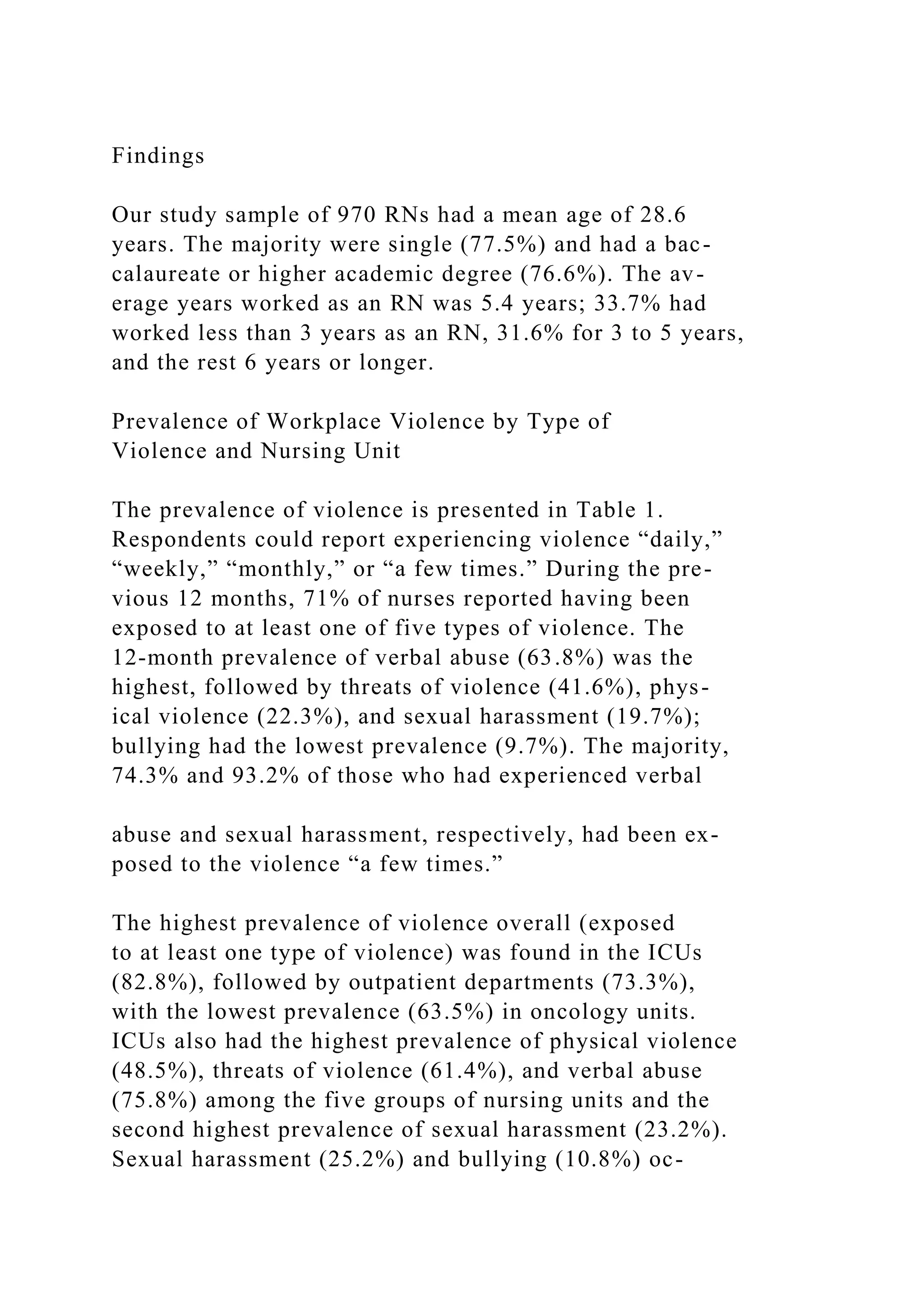 Findings
Our study sample of 970 RNs had a mean age of 28.6
years. The majority were single (77.5%) and had a bac-
calaureate or higher academic degree (76.6%). The av-
erage years worked as an RN was 5.4 years; 33.7% had
worked less than 3 years as an RN, 31.6% for 3 to 5 years,
and the rest 6 years or longer.
Prevalence of Workplace Violence by Type of
Violence and Nursing Unit
The prevalence of violence is presented in Table 1.
Respondents could report experiencing violence “daily,”
“weekly,” “monthly,” or “a few times.” During the pre-
vious 12 months, 71% of nurses reported having been
exposed to at least one of five types of violence. The
12-month prevalence of verbal abuse (63.8%) was the
highest, followed by threats of violence (41.6%), phys-
ical violence (22.3%), and sexual harassment (19.7%);
bullying had the lowest prevalence (9.7%). The majority,
74.3% and 93.2% of those who had experienced verbal
abuse and sexual harassment, respectively, had been ex-
posed to the violence “a few times.”
The highest prevalence of violence overall (exposed
to at least one type of violence) was found in the ICUs
(82.8%), followed by outpatient departments (73.3%),
with the lowest prevalence (63.5%) in oncology units.
ICUs also had the highest prevalence of physical violence
(48.5%), threats of violence (61.4%), and verbal abuse
(75.8%) among the five groups of nursing units and the
second highest prevalence of sexual harassment (23.2%).
Sexual harassment (25.2%) and bullying (10.8%) oc-
 