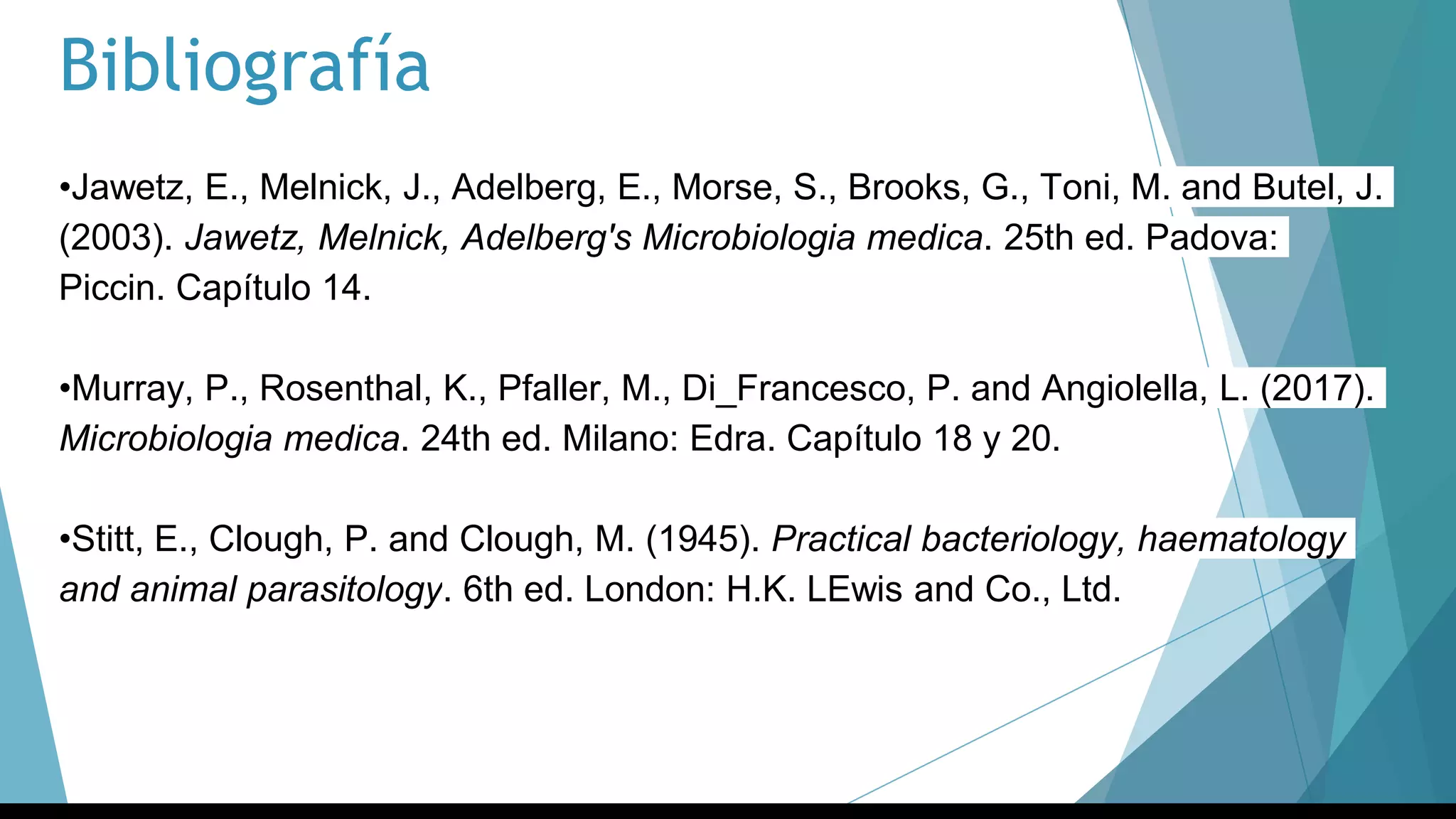 Bibliografía
•Jawetz, E., Melnick, J., Adelberg, E., Morse, S., Brooks, G., Toni, M. and Butel, J.
(2003). Jawetz, Melnick, Adelberg's Microbiologia medica. 25th ed. Padova:
Piccin. Capítulo 14.
•Murray, P., Rosenthal, K., Pfaller, M., Di_Francesco, P. and Angiolella, L. (2017).
Microbiologia medica. 24th ed. Milano: Edra. Capítulo 18 y 20.
•Stitt, E., Clough, P. and Clough, M. (1945). Practical bacteriology, haematology
and animal parasitology. 6th ed. London: H.K. LEwis and Co., Ltd.
 