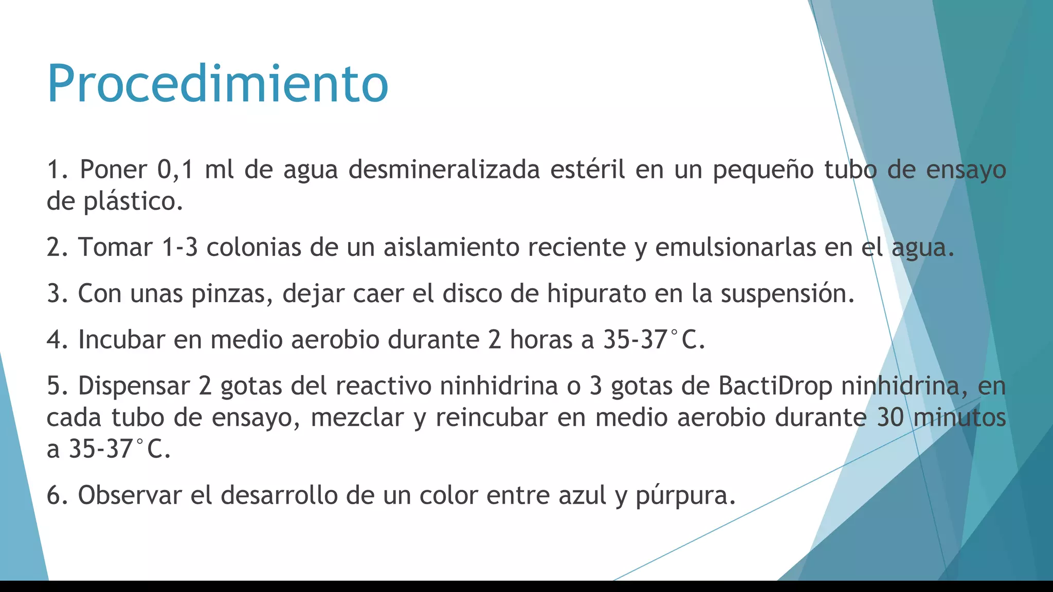Procedimiento
1. Poner 0,1 ml de agua desmineralizada estéril en un pequeño tubo de ensayo
de plástico.
2. Tomar 1-3 colonias de un aislamiento reciente y emulsionarlas en el agua.
3. Con unas pinzas, dejar caer el disco de hipurato en la suspensión.
4. Incubar en medio aerobio durante 2 horas a 35-37°C.
5. Dispensar 2 gotas del reactivo ninhidrina o 3 gotas de BactiDrop ninhidrina, en
cada tubo de ensayo, mezclar y reincubar en medio aerobio durante 30 minutos
a 35-37°C.
6. Observar el desarrollo de un color entre azul y púrpura.
 