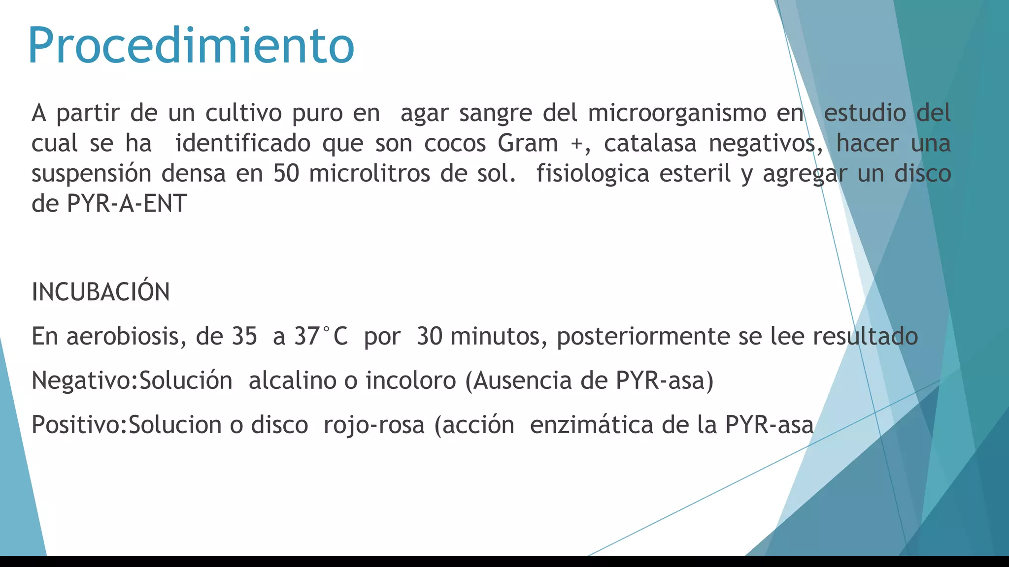 Procedimiento
A partir de un cultivo puro en agar sangre del microorganismo en estudio del
cual se ha identificado que son cocos Gram +, catalasa negativos, hacer una
suspensión densa en 50 microlitros de sol. fisiologica esteril y agregar un disco
de PYR-A-ENT
INCUBACIÓN
En aerobiosis, de 35 a 37°C por 30 minutos, posteriormente se lee resultado
Negativo:Solución alcalino o incoloro (Ausencia de PYR-asa)
Positivo:Solucion o disco rojo-rosa (acción enzimática de la PYR-asa
 