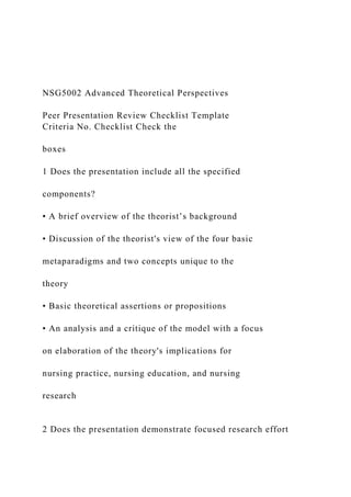 NSG5002 Advanced Theoretical Perspectives
Peer Presentation Review Checklist Template
Criteria No. Checklist Check the
boxes
1 Does the presentation include all the specified
components?
• A brief overview of the theorist’s background
• Discussion of the theorist's view of the four basic
metaparadigms and two concepts unique to the
theory
• Basic theoretical assertions or propositions
• An analysis and a critique of the model with a focus
on elaboration of the theory's implications for
nursing practice, nursing education, and nursing
research
2 Does the presentation demonstrate focused research effort
 
