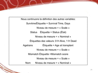 Nous continuons la définition des autres variables:
    SurvtimeÉtiquette = Survival Time, Days
              Niveau de mesure = « Scale »
        Status   Étiquette = Status (État)
             Niveau de mesure = « Nominal »
        Étiquettes des valeurs: 0 Alive, 1 Dead
 Agetrans           Étiquette = Age at transplant
              Niveau de mesure = « Scale »
      Mismatch Étiquette =Mismatch score
              Niveau de mesure = « Scale »
    Nom      Niveau de mesure = « Nominal »

                                                      24
 