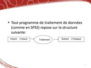  Tout programme de traitement de données
  (comme en SPSS) repose sur la structure
  suivante:
 Intrant   (=Input)   Traitement   Extrant   (=Output)




                                                         5
 