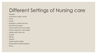 Different Settings of Nursing care
◦ Hospitals
◦ Ambulatory surgery centers
◦ Clinics
◦ Homes
◦ Emergency medical services
◦ Educational progress
◦ Public health/community health
◦ Industry Long-term care facilities
◦ Mobile health care units
◦ Schools
◦ Offices
◦ Hospice
◦ Market health facilities
◦ State/National health programs
◦ Prisons
 