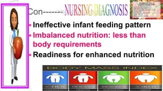 Con-------
 Ineffective infant feeding pattern
 Imbalanced nutrition: less than
body requirements
 Readiness for enhanced nutrition
 
