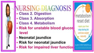  Class 2. Digestion
 Class 3. Absorption
 Class 4. Metabolism
 Risk for unstable blood glucose
level
 Neonatal jaundice
 Risk for neonatal jaundice
 Risk for impaired liver function
 