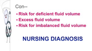 Con--
 Risk for deficient fluid volume
 Excess fluid volume
 Risk for imbalanced fluid volume
 