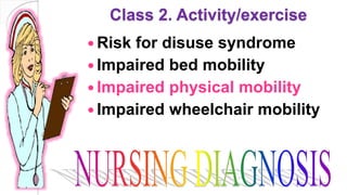 Class 2. Activity/exercise
 Risk for disuse syndrome
 Impaired bed mobility
 Impaired physical mobility
 Impaired wheelchair mobility
 