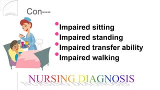 Con---
Impaired sitting
Impaired standing
Impaired transfer ability
Impaired walking
 