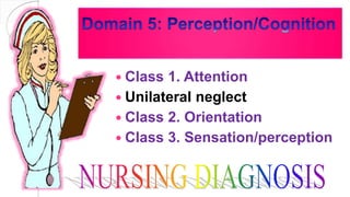  Class 1. Attention
 Unilateral neglect
 Class 2. Orientation
 Class 3. Sensation/perception
 