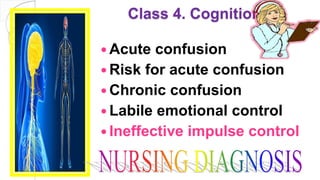Class 4. Cognition
 Acute confusion
 Risk for acute confusion
 Chronic confusion
 Labile emotional control
 Ineffective impulse control
 