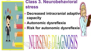 Class 3. Neurobehavioral
stress
 Decreased intracranial adaptive
capacity
 Autonomic dysreflexia
 Risk for autonomic dysreflexia
 