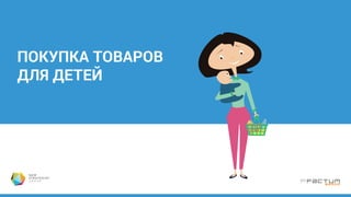 При выборе товаров для детей мамы отдают предпочтение обычным магазинам.
Товары длительного пользования больше приобретают в интернете
Игрушки Товары
длительного
пользования
Средства
для гигиены
Бытовую
химию
Продукты
питания
В интернете
В магазине
В специал. магазине
На рынке
По каталогам
52 %
87 %
11 %
36 %
4 %
52 %
31 %
33 %
18 %
5 %
52 %
87 %
8 %
17 %
5 %
4 %
89 %
8 %
7 %
1 %
23 %
84 %
7 %
10 %
4 %
 