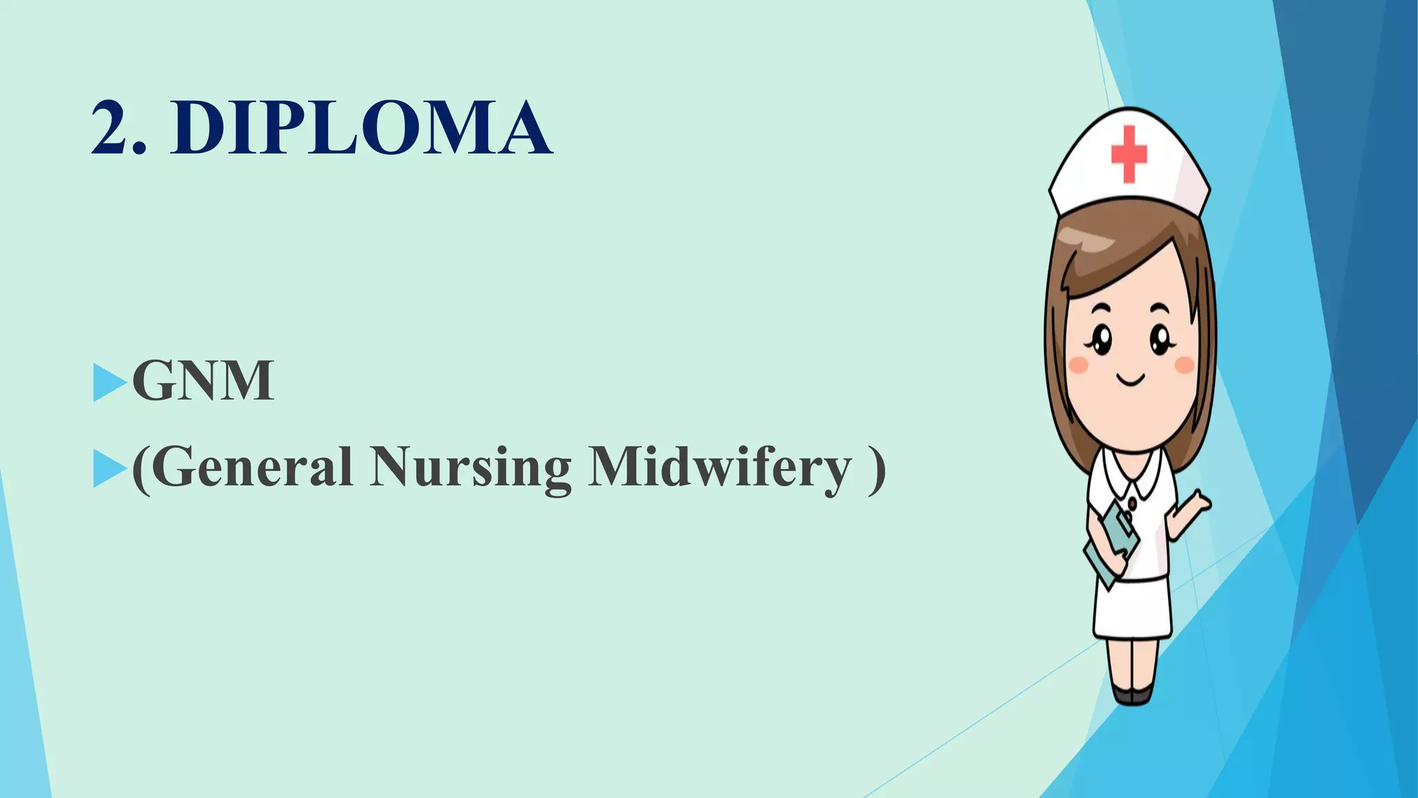 2. DIPLOMA
GNM
(General Nursing Midwifery )
 